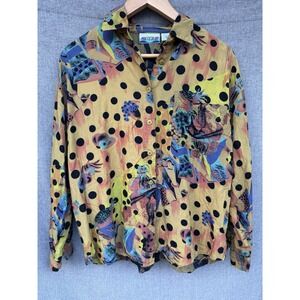 Vtg Art-to-Wear Blouse Womens M Abstract Polka Dot Art Teacher Retro Mustard 90s